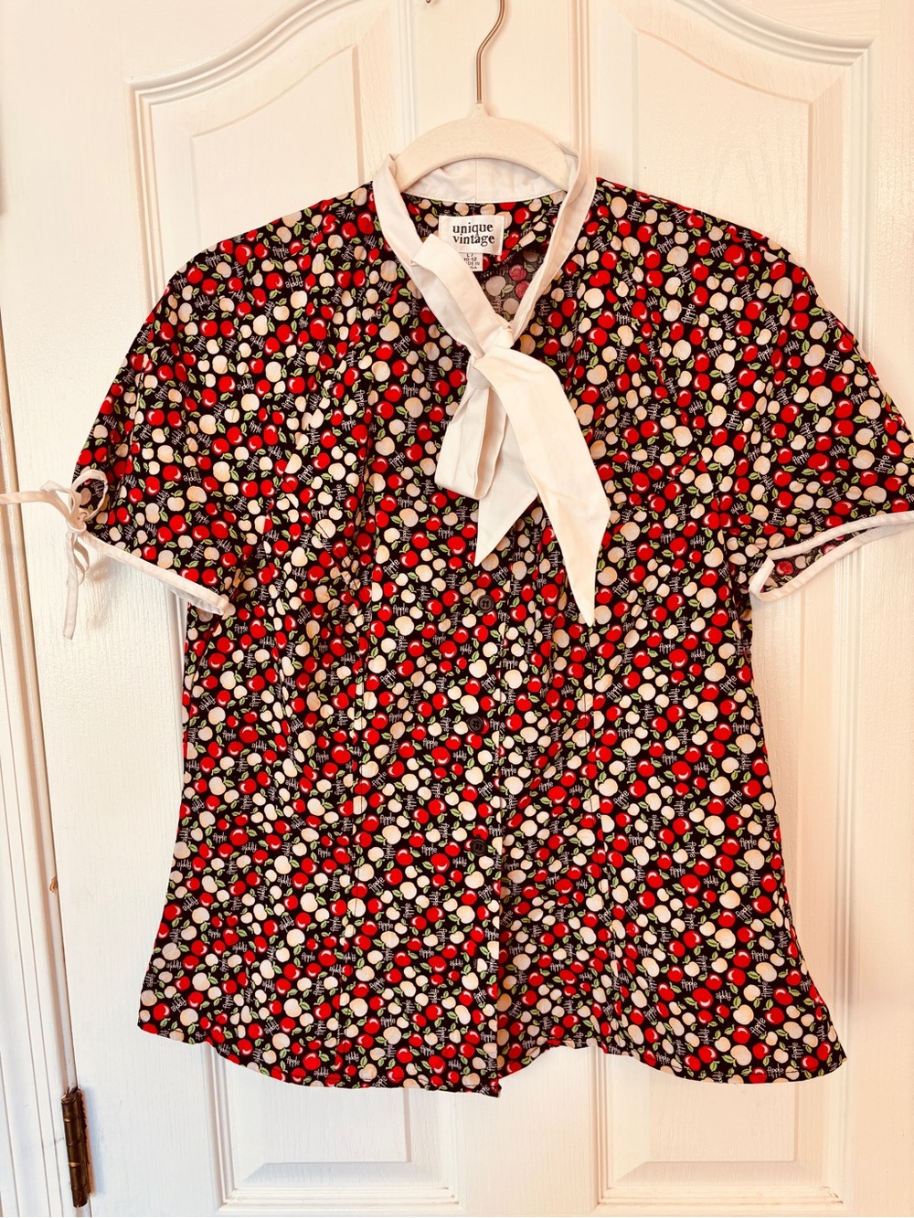 Unique Vintage Black Apple Print Tie-Neck Top with White Bow ~ Women’s 12/14~